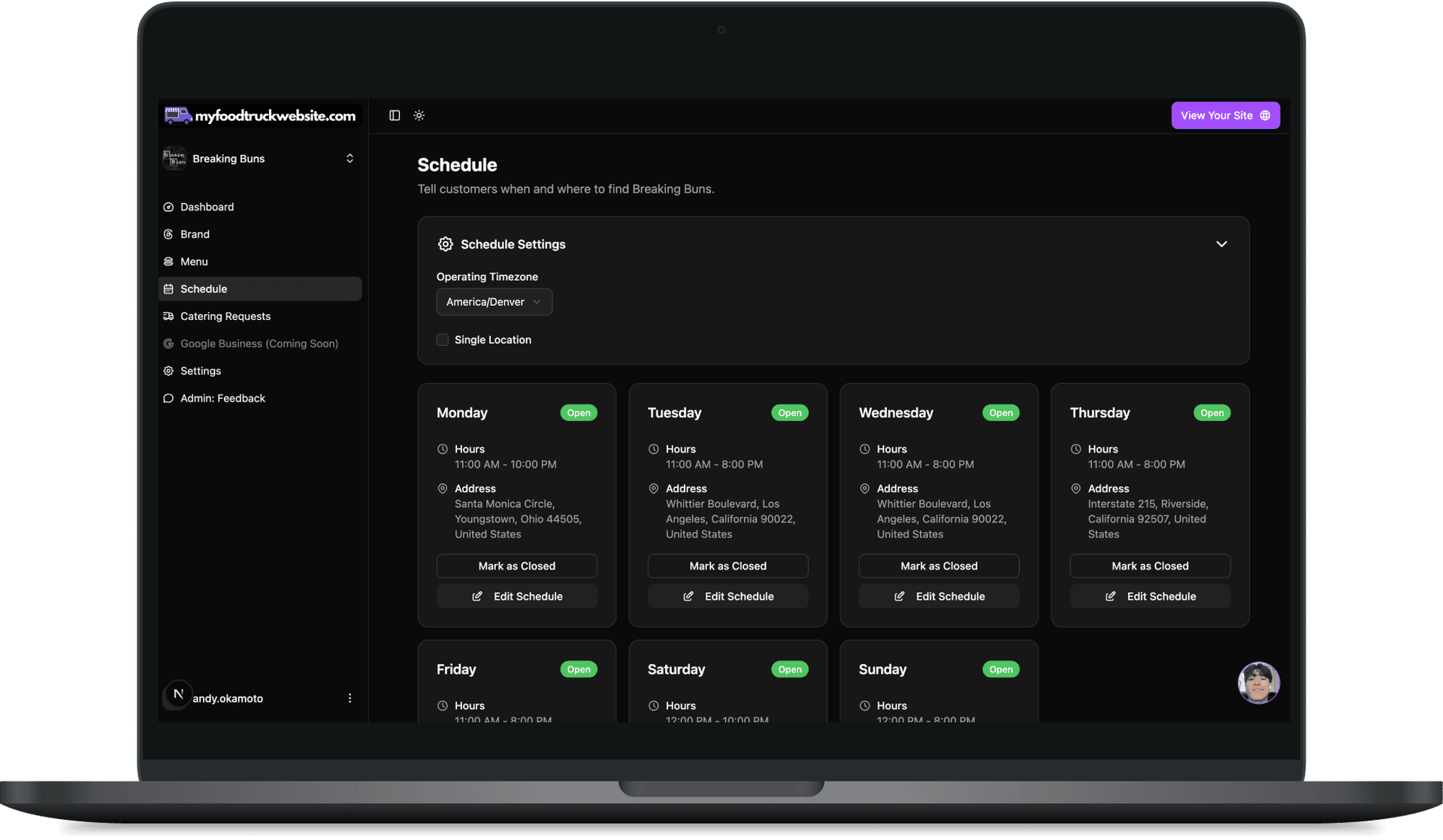 Admin dashboard preview showing menu management, schedule, and branding tools
